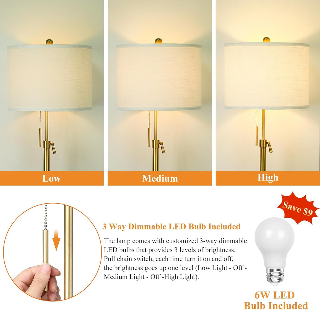 Qingmiao Gold Floor Lamps for Living Room, 55"-67" Height Adjustable Modern Tall Lamp, 3-Way Dimmable Standing Lamp for Bedroom Office…