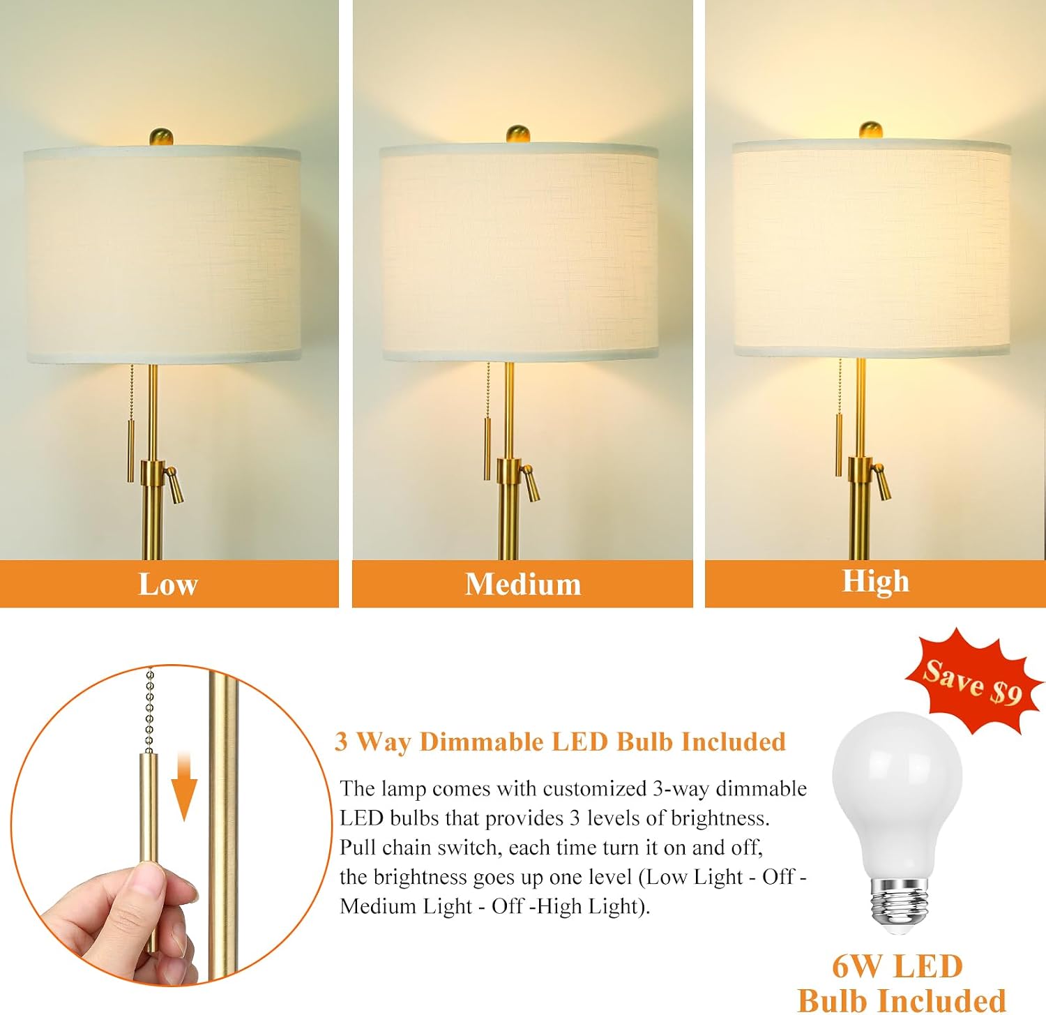 Qingmiao Gold Floor Lamps for Living Room, 55"-67" Height Adjustable Modern Tall Lamp, 3-Way Dimmable Standing Lamp for Bedroom Office…