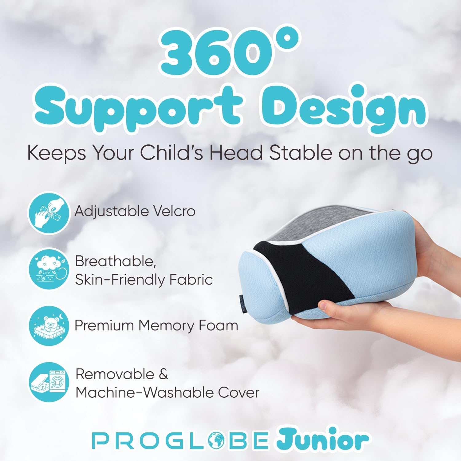 ProGlobe Junior Kids Travel Neck Pillow - Ergonomic Memory Foam Pillow for Airplane, Car, Booster Seat - Soft, Washable, Compact Travel Pil…