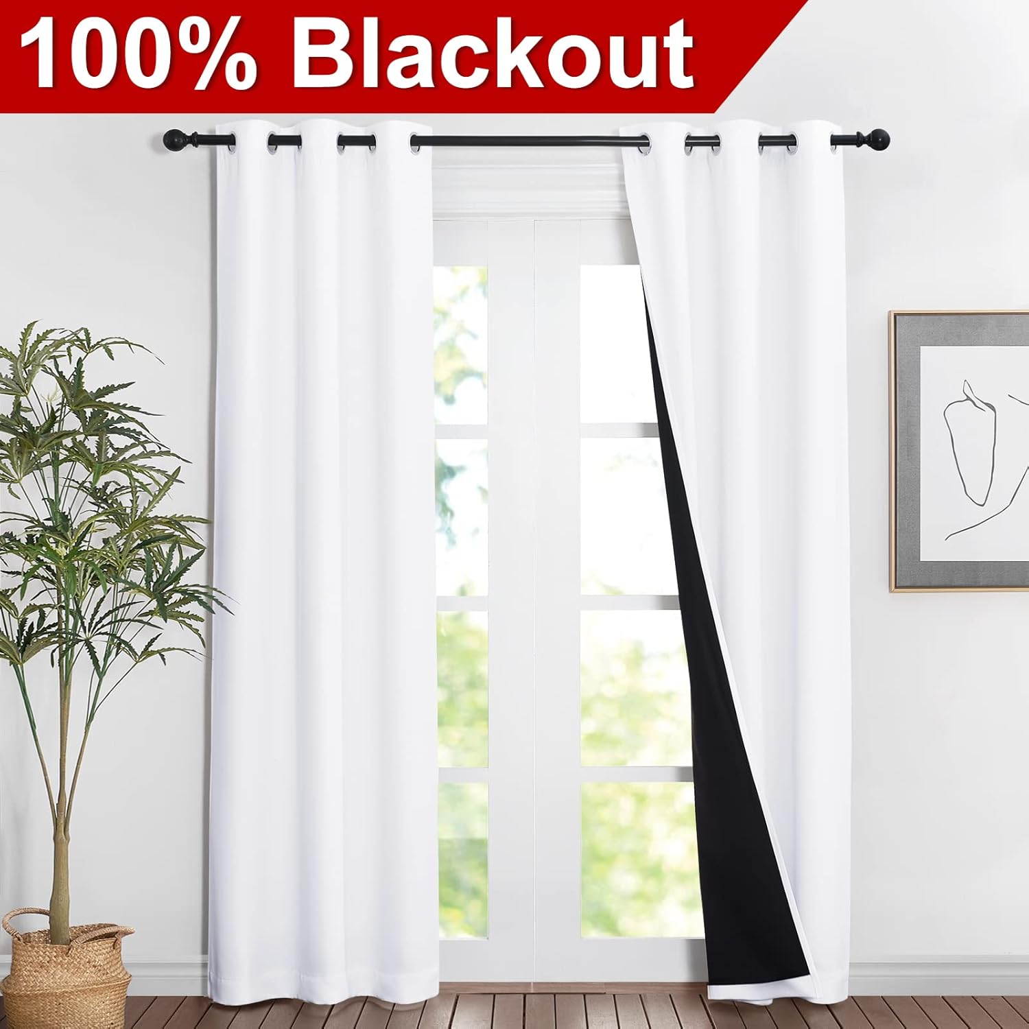 Nicetown White Blackout Curtains 84 inches Long, Full Light Blocking Drapes with Black Liner for Nursery, Noise Reducing Thermal Insulated…