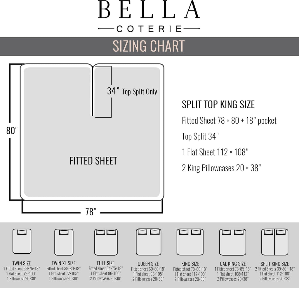 Bella Coterie Luxury Bamboo Viscose 34” Split Top King Size Sheet Set | 1 Fitted Sheet for Sleep Number & Adjustable Beds | 100%…