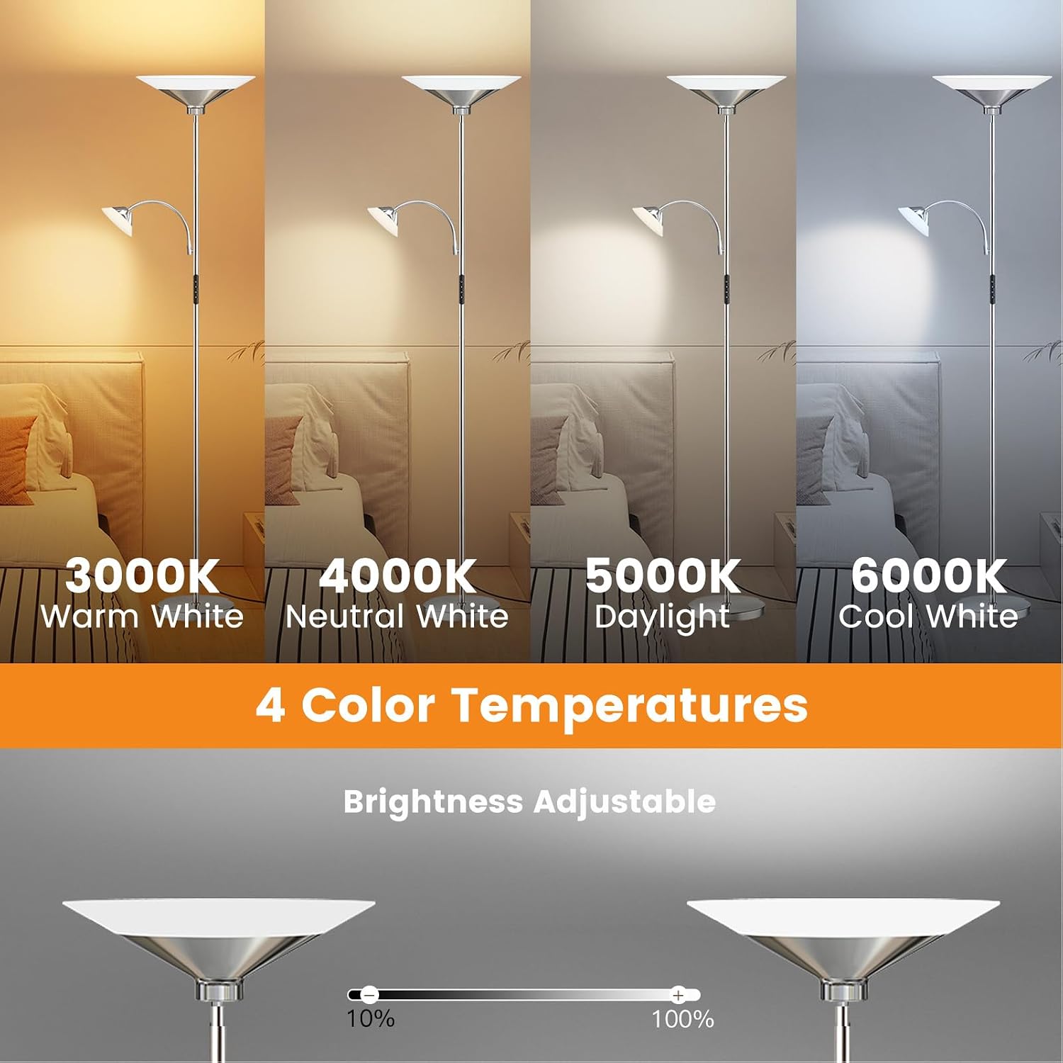 SIBRILLE Metallic Sliver Torchiere Floor Lamp, 2 Way 72'' Dimmable LED Standing lamp with Rmote, Multi Color Temps, 34W Tall Light with…