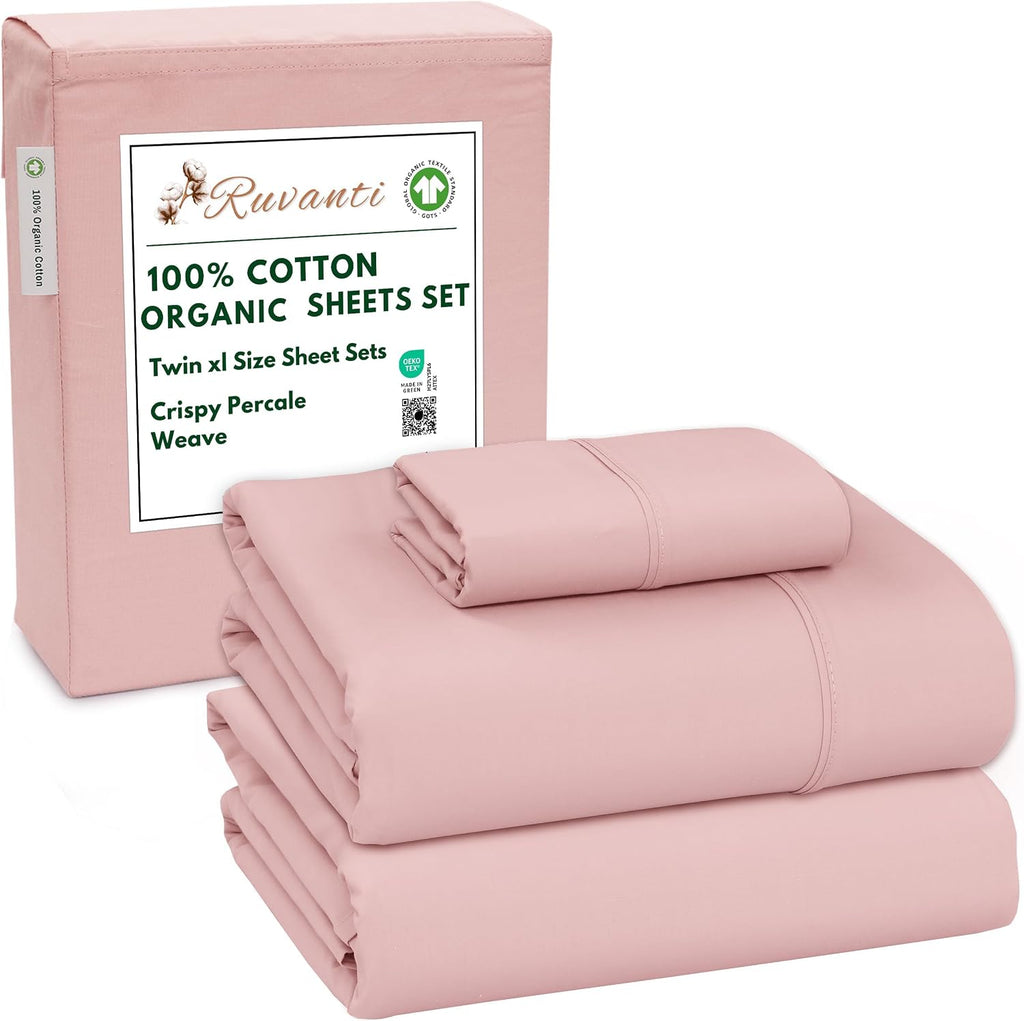 Ruvanti 100% Cotton Organic Percale Sheets Twin XL Size – Crisp Cooling Bed Sheets for Hot Sleepers, Deep Pocket 15”, Soft Peach Finish, Br…