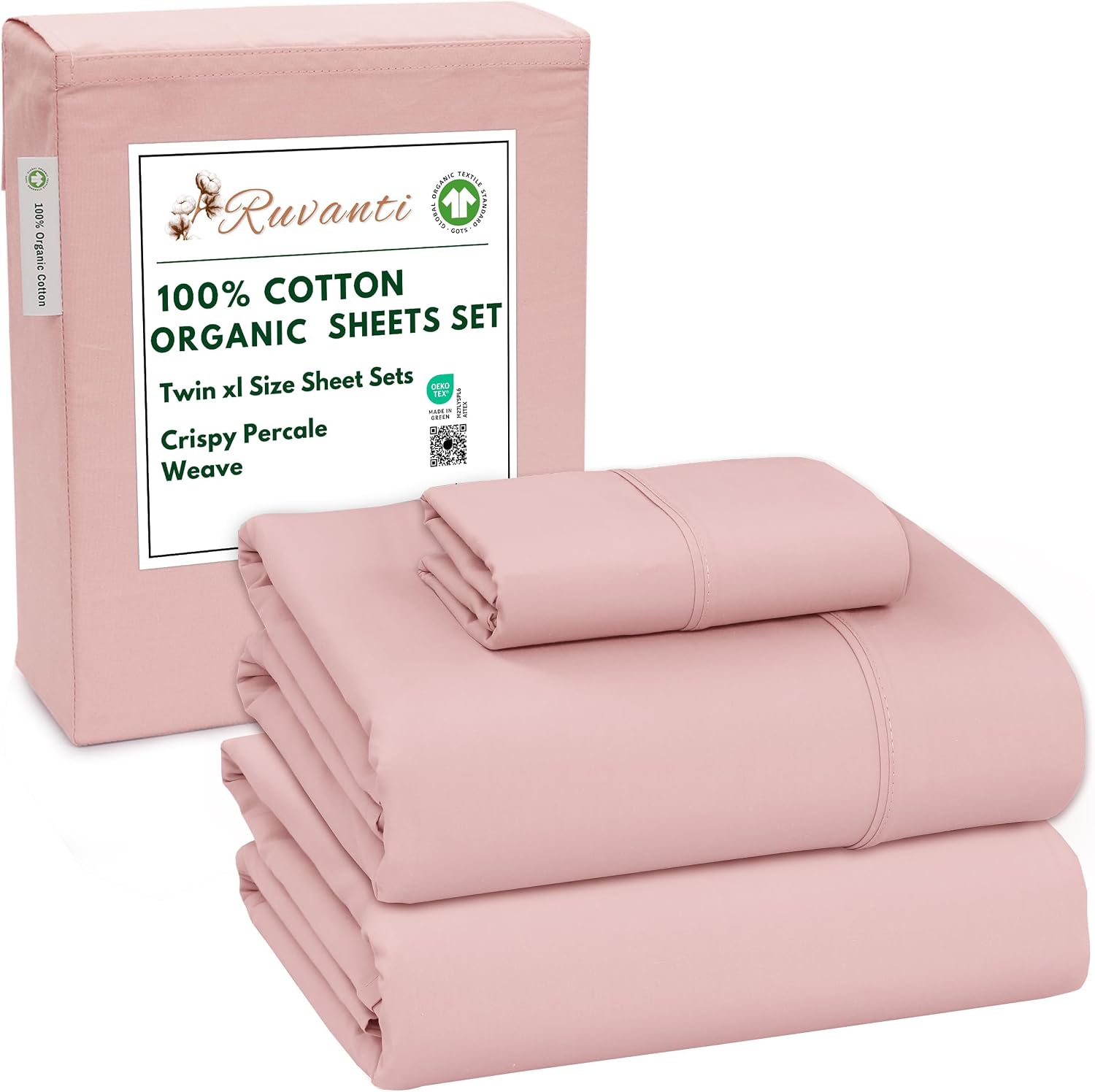 Ruvanti 100% Cotton Organic Percale Sheets Twin XL Size – Crisp Cooling Bed Sheets for Hot Sleepers, Deep Pocket 15”, Soft Peach Finish, Br…