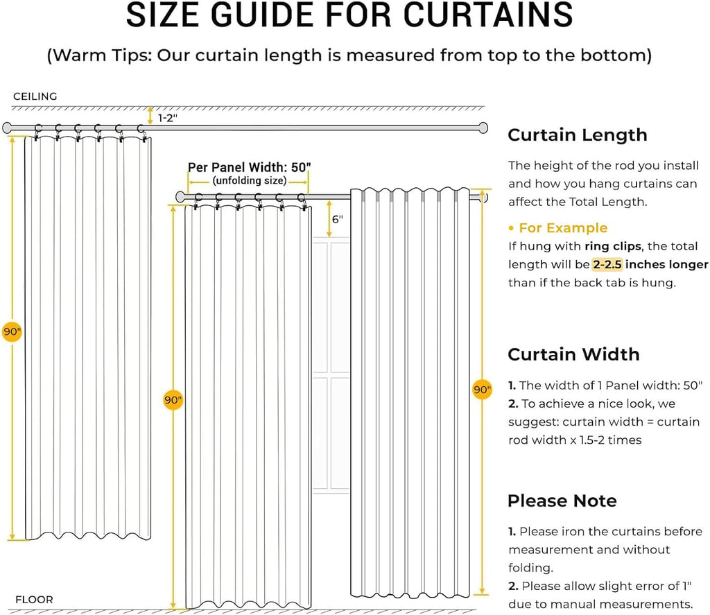 INOVADAY 100% Blackout Curtains for Bedroom, Black Out Curtains 90 Inch Long, Clip Rings Linen Blackout Drapes, Thermal Insulated Room…