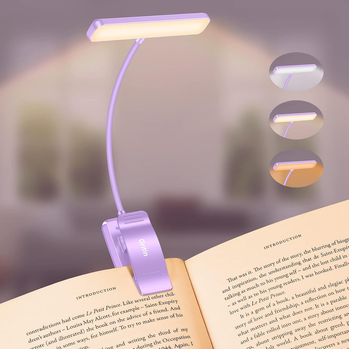Gritin 19 LED Rechargeable Book Light for Reading in Bed with Memory Function- Eye Caring 3 Color Temperatures, Stepless Dimming…