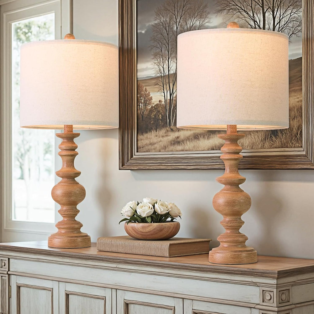 BOBOMOMO 24" Farmhouse Table Lamps Set of 2 – Rustic Light Brown Resin Bedside Lamps with Linen Shades, Medium Size Nightstand Lamps for…