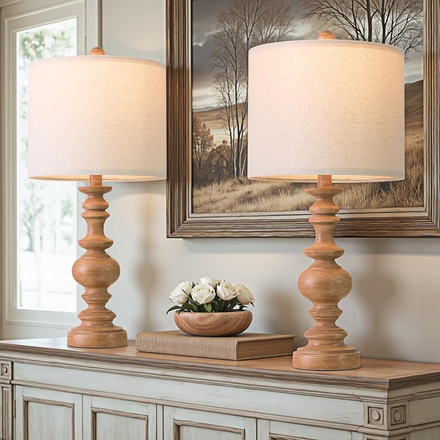 BOBOMOMO 24" Farmhouse Table Lamps Set of 2 – Rustic Light Brown Resin Bedside Lamps with Linen Shades, Medium Size Nightstand Lamps for…