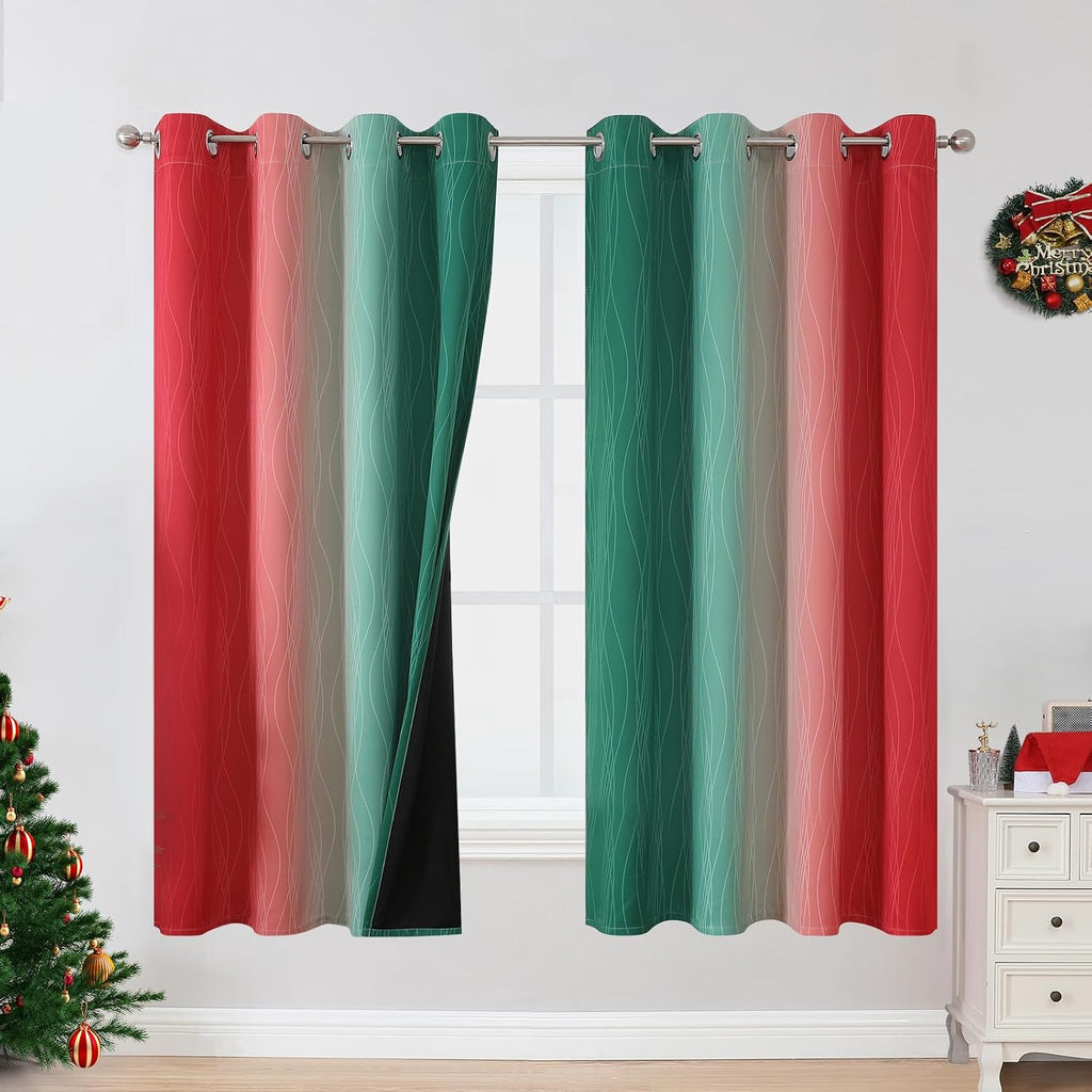 Estelartextiler Estelar Textiler Red and Green Blackout Curtains for Christmas Room, Full Room Darkening Grommet Ombre Curtains for Bedroom…