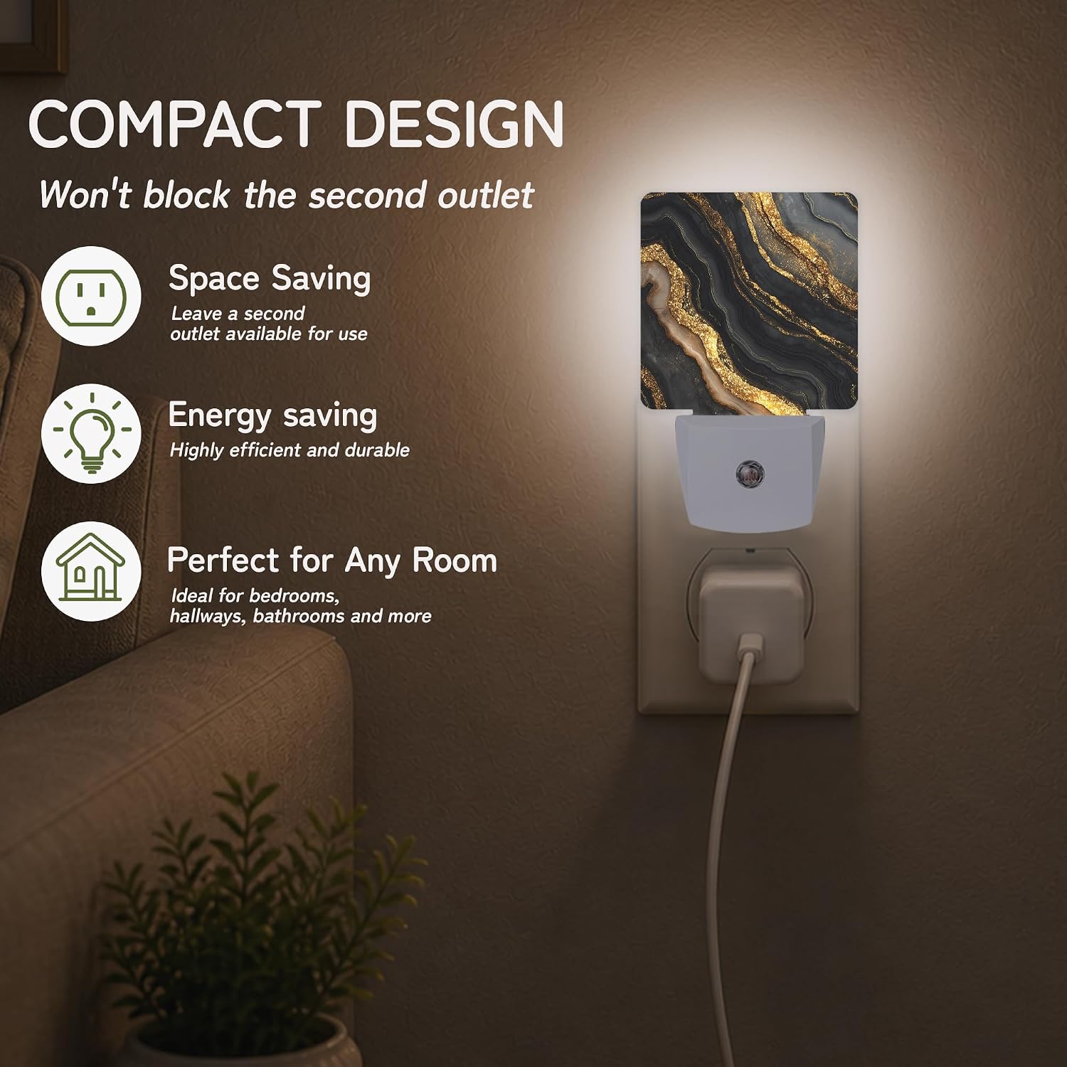 Black Gold Marble Night Lights Plug into Wall, Night Light with Dusk to Dawn Sensor for Bedroom Bathroom Kitchen Hallway Stairs…