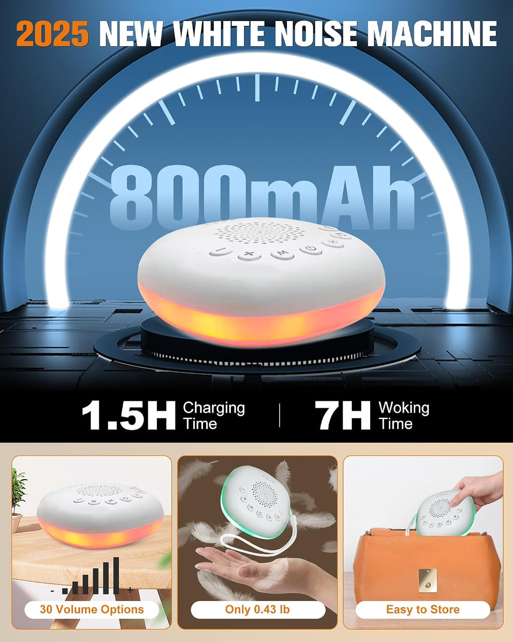 White Noise Sound Machine for Sleep - Portable Sound Machine, 20 Soothing Sounds 9-Color Night Light 30 Volume Levels 4 Timer Options…