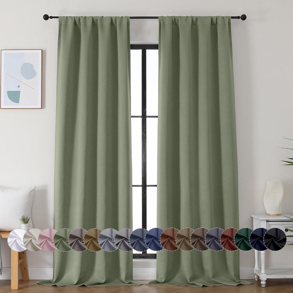 Simplebrand Ava Sage Green Blackout Curtains for Bedroom 90 Inches Long 2 Panels Set, Solid Privacy Energy Saving Living Room Window Treatm…
