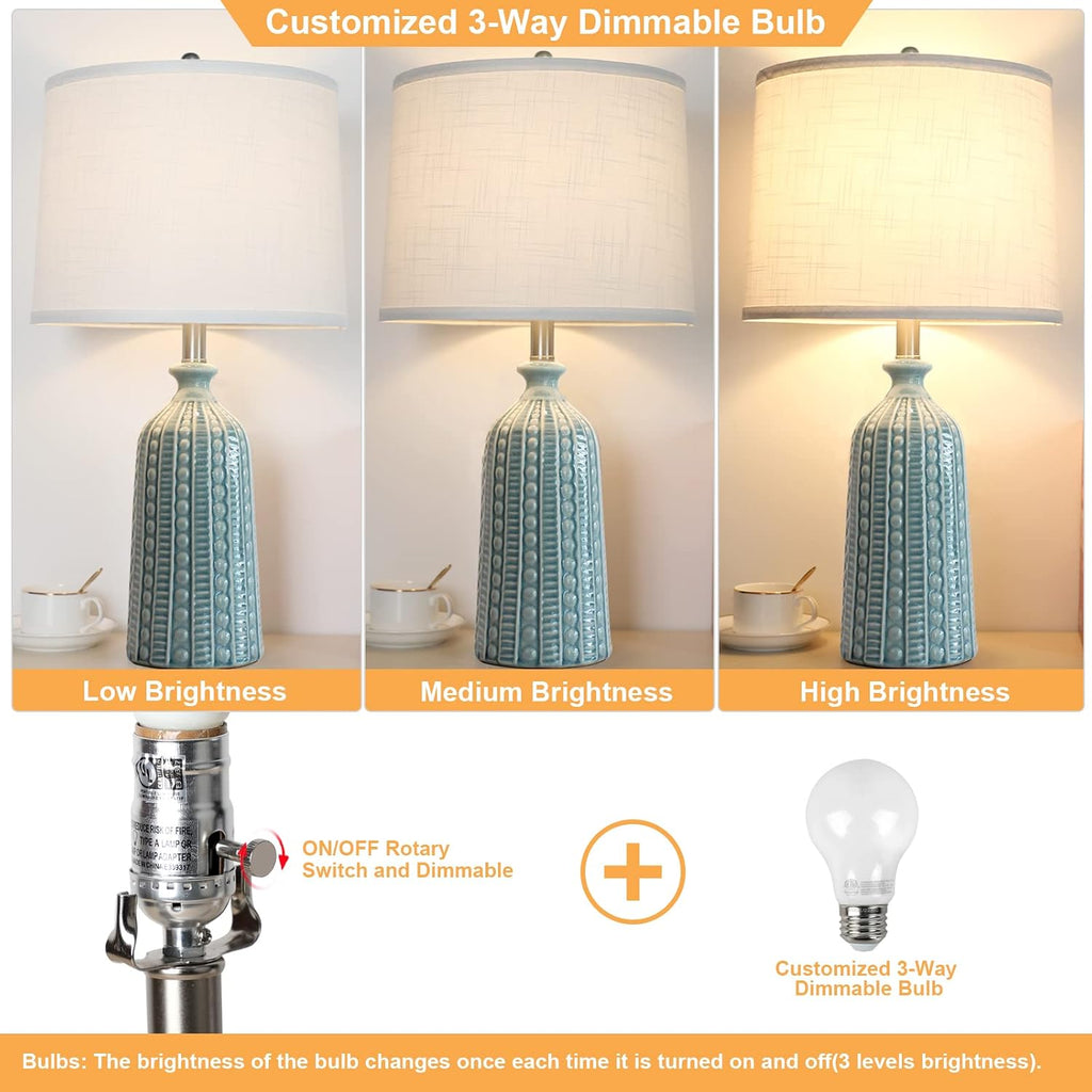 JUNNAI Green Ceramic Table Lamp 24.5": 3-Way Dimmable Nightstand Lamp with White Drum Lamp Shade | Modern Bedside Lamp for Bedrooms &…