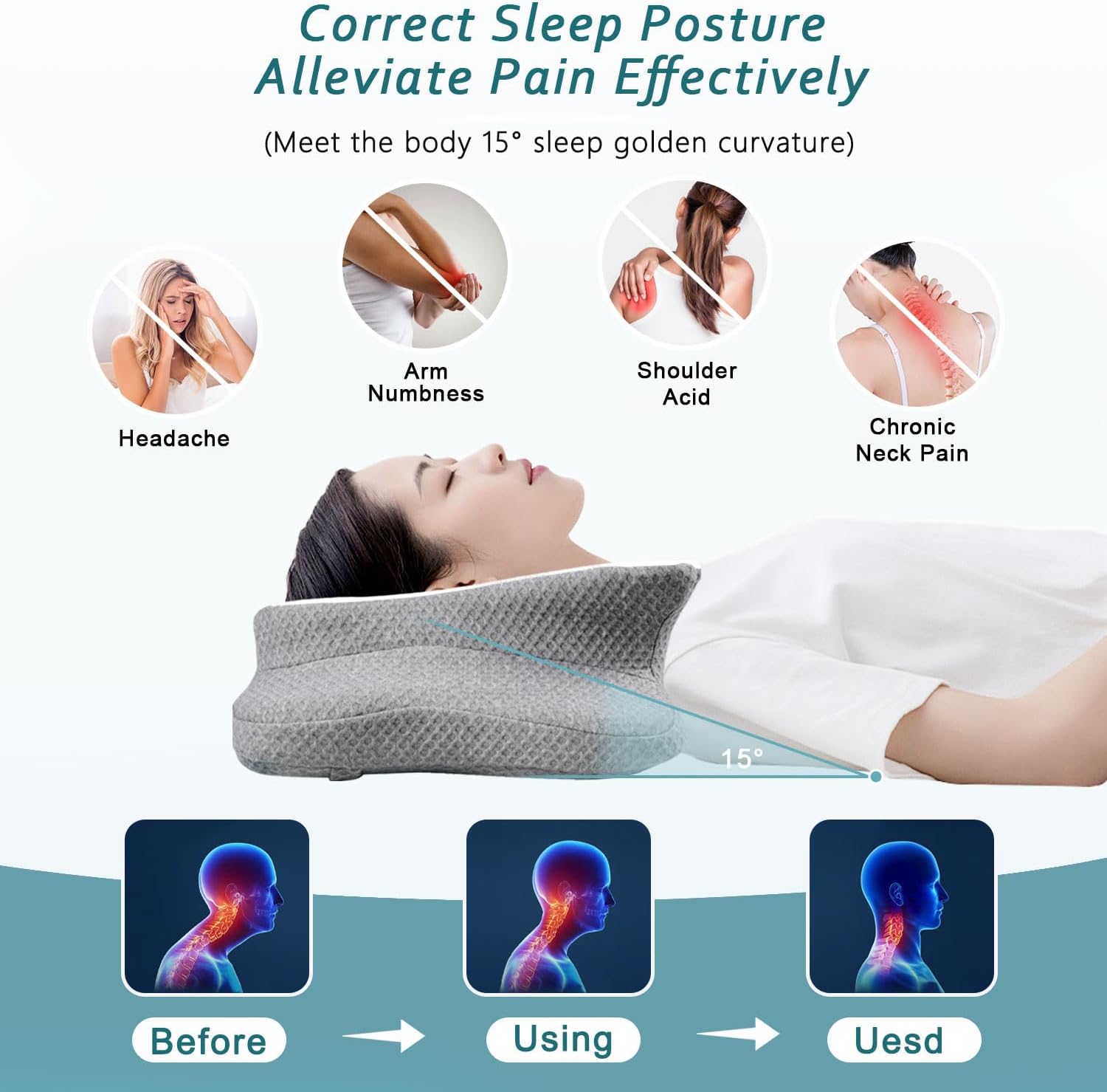 CHxxy Cervical Neck Pillow for Sleeping, Memory Foam Pillows, Ergonomic Side Sleeper Pillows, Cooling Orthopedic Neck Support Pillow for Ba…