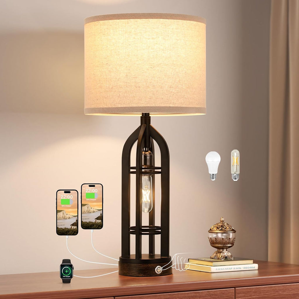 Seealle Table Lamps for Living Room - Black Bedside Lamp for Bedroom with USB C+A & Outlet, Farmhouse Lamps for Night Stands, 3-Way…