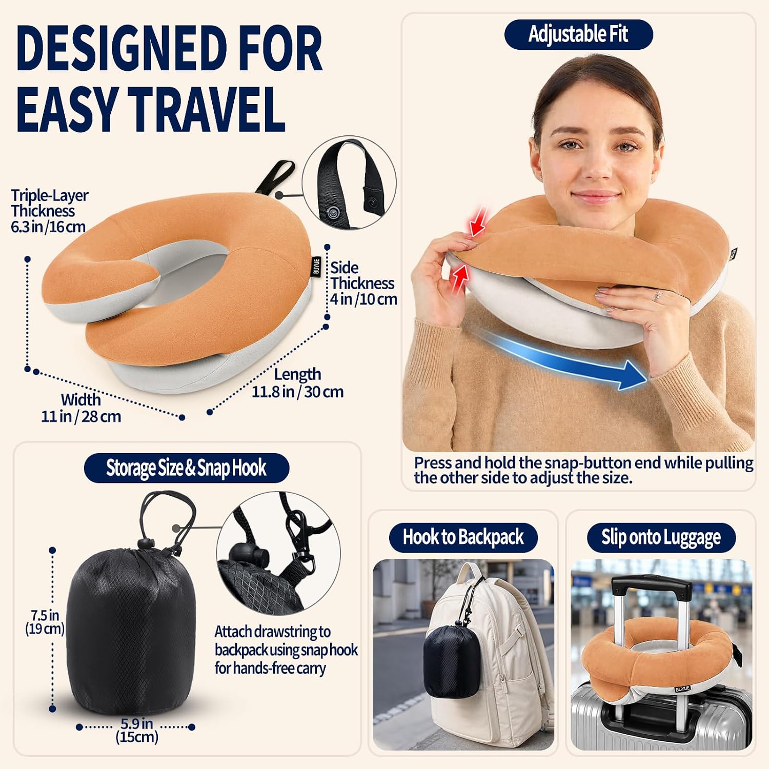 BUYUE Travel Neck Pillows for Airplanes, Memory Foam 360° Head Support Sleep for Long Flight, Skin-Friendly & Breathable, Kit with Eye…
