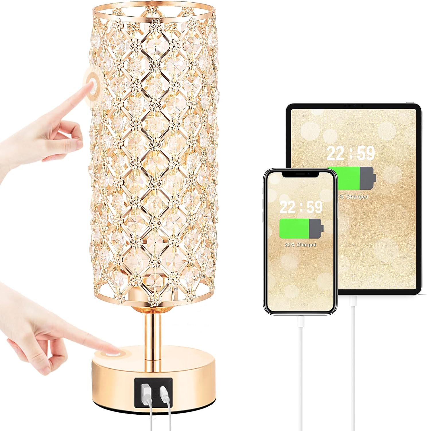 Crystal Table Lamp, Gold Lamp for Bedroom with USB-C USB-A Charging Ports, 3 Way Dimmable Light with Crystal Lampshade, Bedside Lamp…