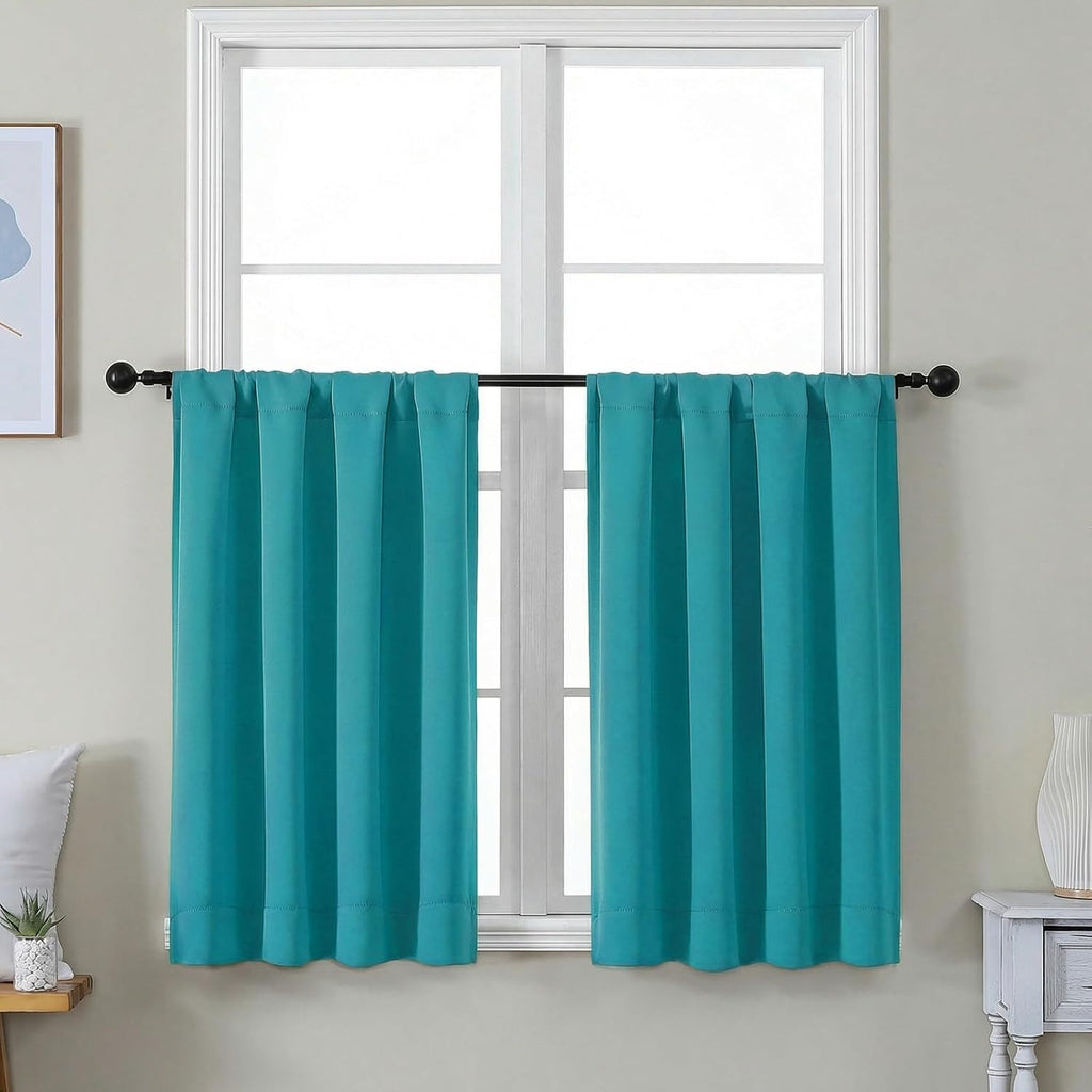 Simplebrand Ava Teal Short 36 Inches Blackout Curtain 2 Panels Set, Half Window Rod Pocket Privacy Curtain Tiers for Kitchen, Curtains Blac…