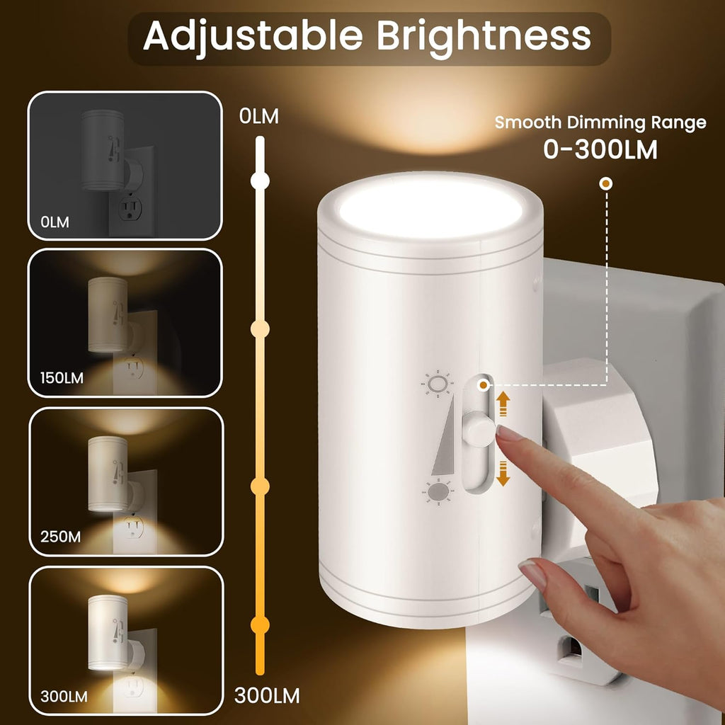 LED Plug-in Wall Night Light with Dimmable 0-300 Lumens, 3000K Soft White, Auto On/Off Light Sensor & Adjustable Head for Hallway…