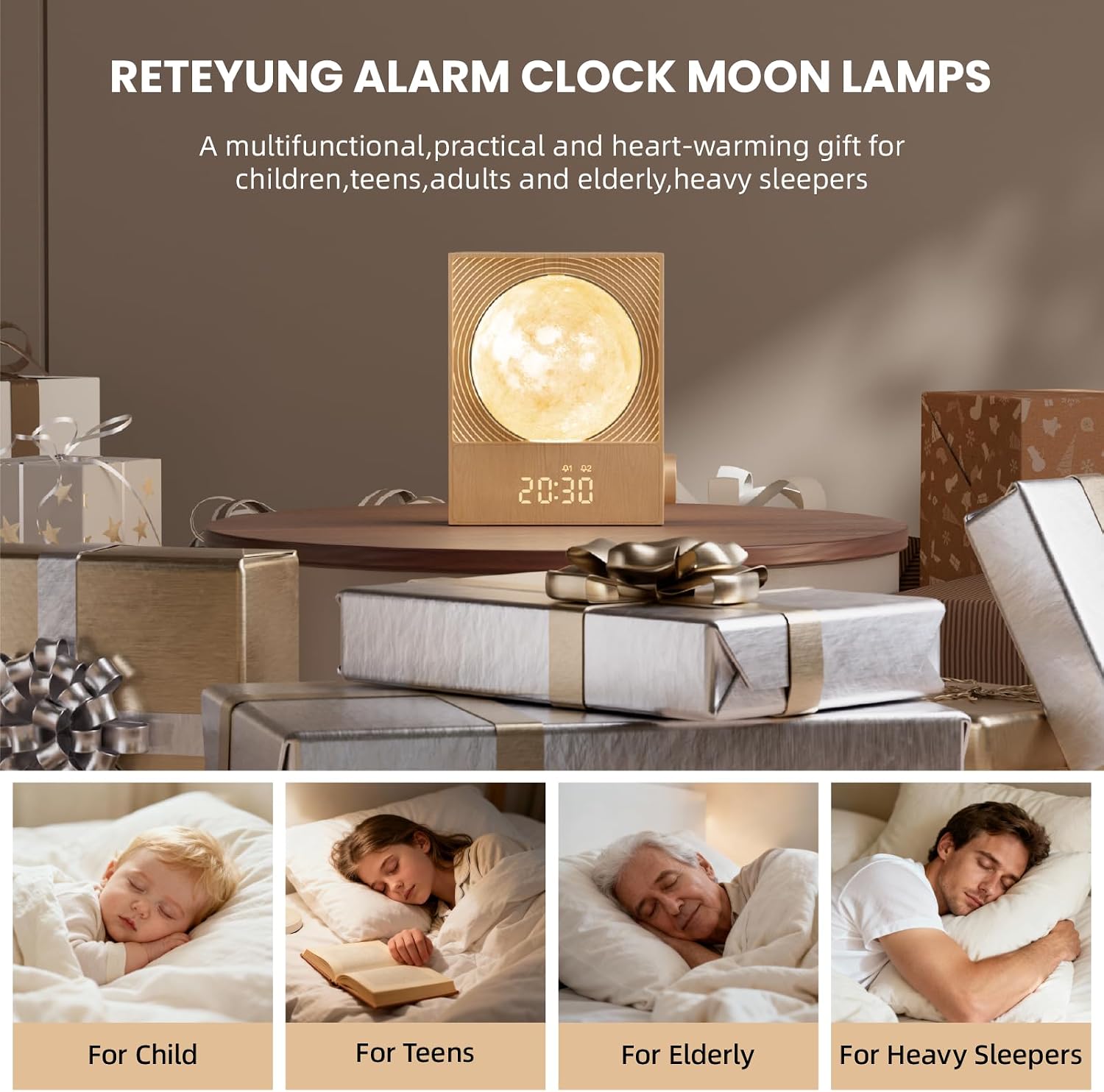 RETEYUNG Sunrise Alarm Clocks for Heavy Sleepers, Rotatable Moon Light with Gentle Wake-Up, Clock Night Lamp for Bedrooms - Snooze,10 Light…