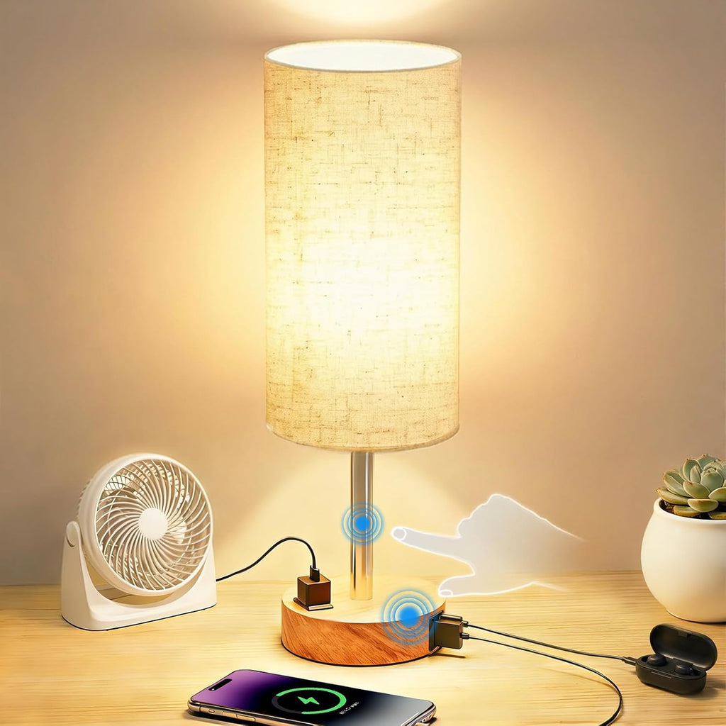 Fitfull Table Lamp for Nightstand, High-Sensitivity Touch, 3-Level Dimmable Bedside Lamp with AC Outlet | USB | and USB-C, Ideal Nig…