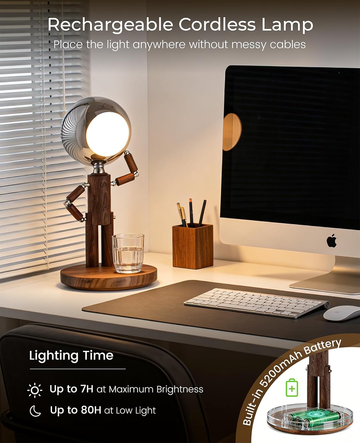 Cordless Table Lamp, Rechargeable Wooden Desk Lamp with Touch Control & Stepless Dimming, 3 Color Temperatures, Bedside Lamp for Bedroom…