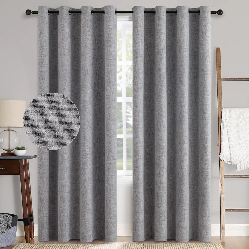 Miulee Linen Textured 90 Inches Curtains for Bedroom 100% Blackout Thermal Insulated Grey Curtains Grommet Room Darkening Luxury Decor for…