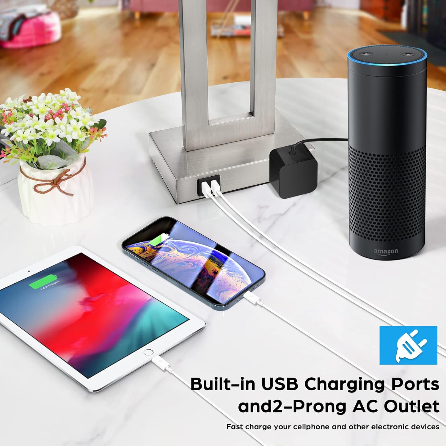 Tobusa 22'' Tall Table Lamps for Bedroom Set of 2, Silver Bedside Touch Control Lamp with 2 USB Ports&AC Outlet, Modern Living Room Table L…
