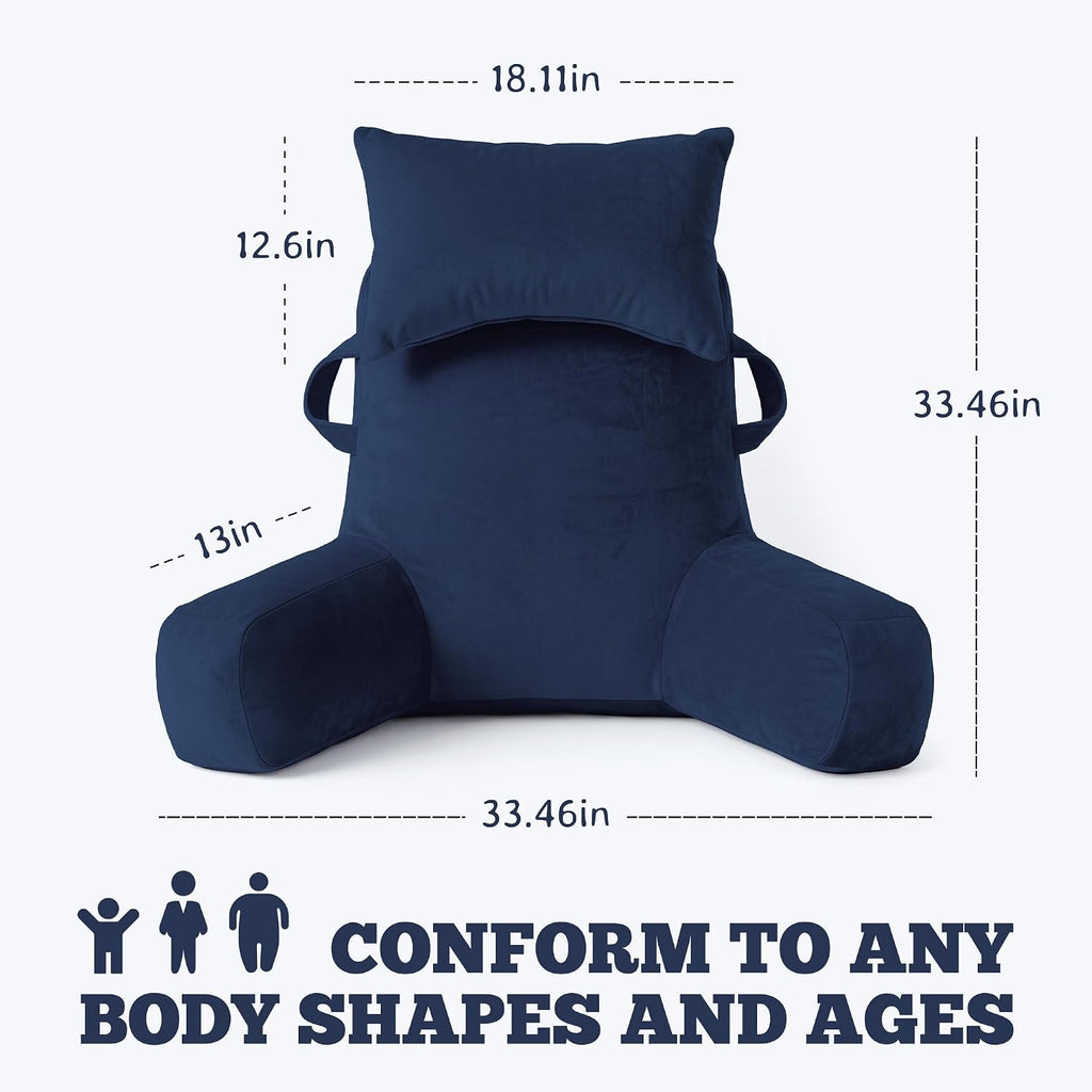 Unisakey Portable Reading Pillows with Headrest for Bed Sitting Up(Royal Blue Oeko-Tex), Velvet Back Pillow with Arms & Pockets for…
