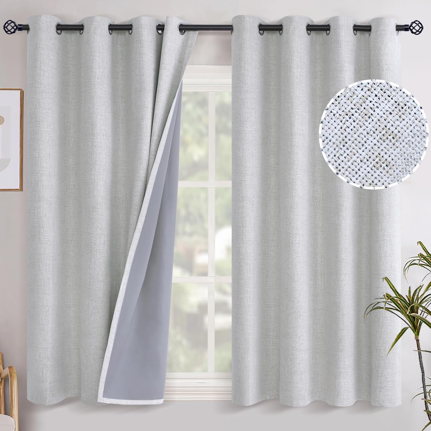 YoungsTex Linen Textured 100% Blackout Curtains for Bedroom 2 Panels, Short Thermal Insulated Drapes with Grommet Room Darkening for Living…