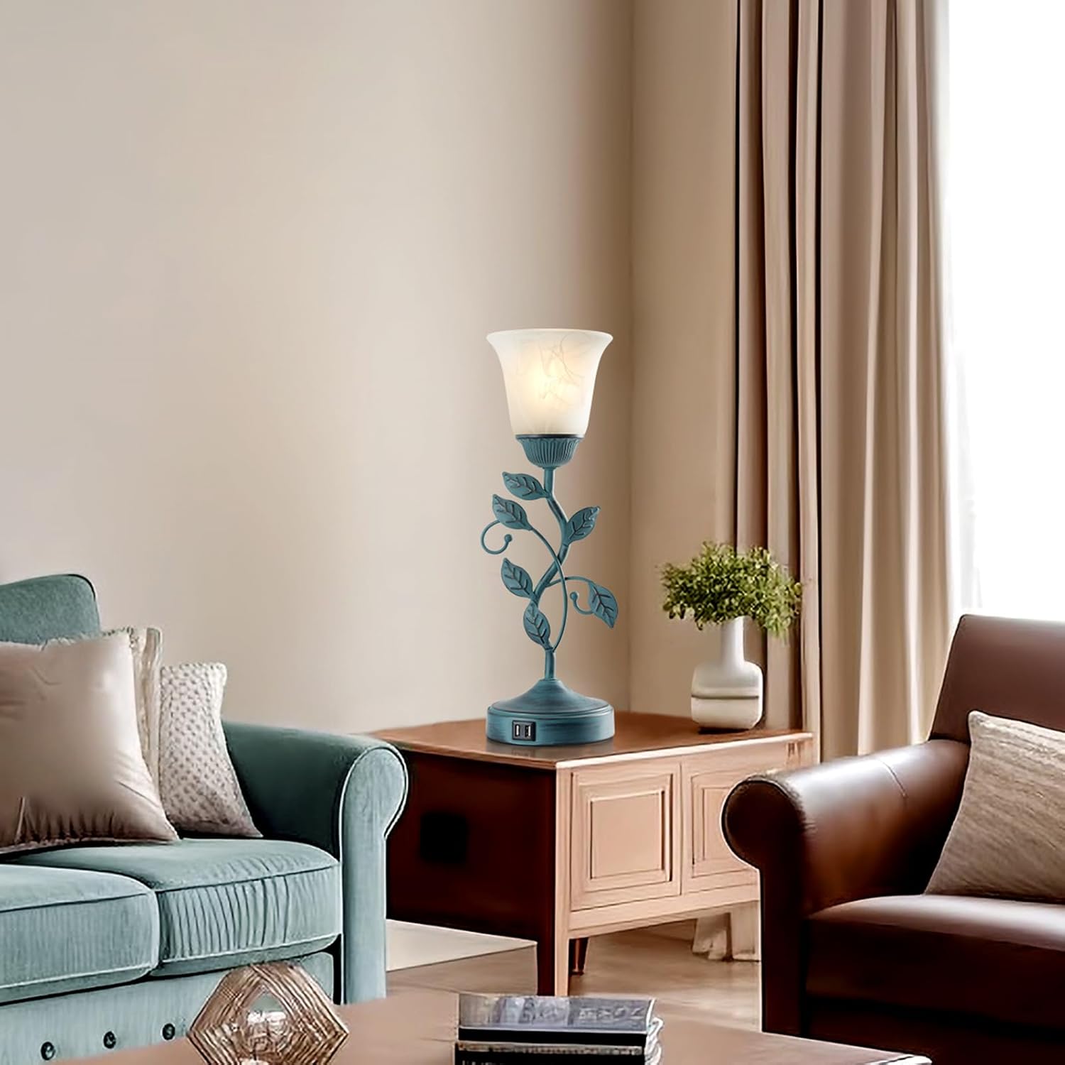 Vintage Touch Table Lamp for Living Room, 3-Way Dimmable Nightstand Lamp with 2 USB Ports, Farmhouse Rustic White Glass Shade Leaf Desk…