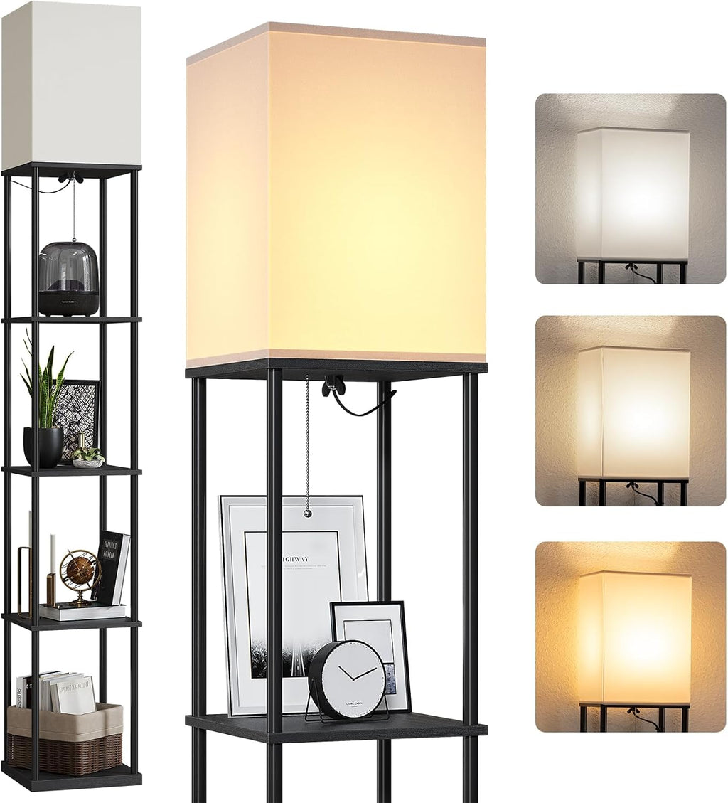 SUNMORY 5 Tier Floor Lamp with Shelves, Modern Square Standing Lamp with 3 Color Temperature Bulb, Corner Display Bookshelf Lamp for…