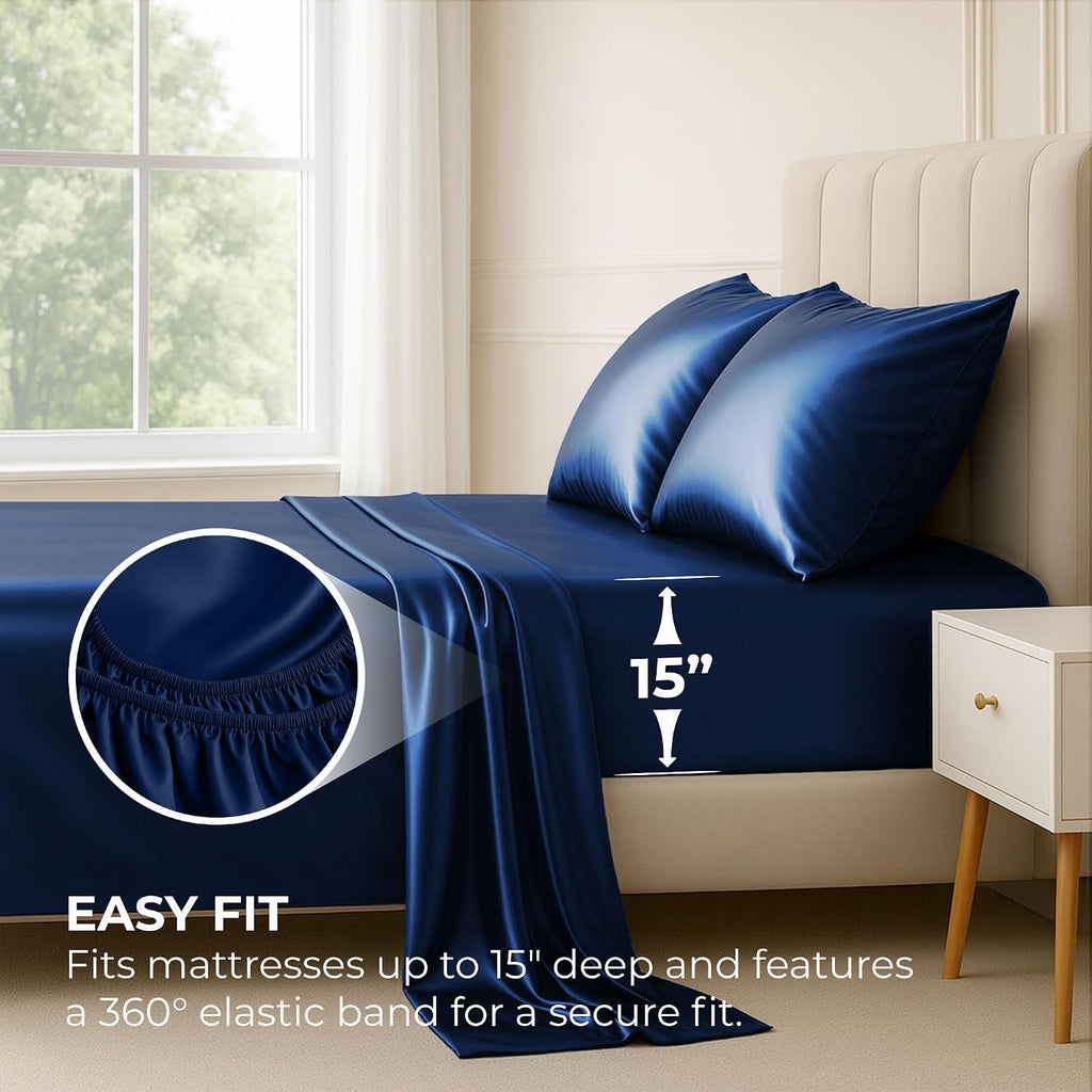 PureBedding Pure Bedding Satin Sheets King [4-Piece, Navy] Hotel Luxury Silky Bed Sheets Extra Soft 1800 Microfiber Sheet Set, Wrinkle, Fad…