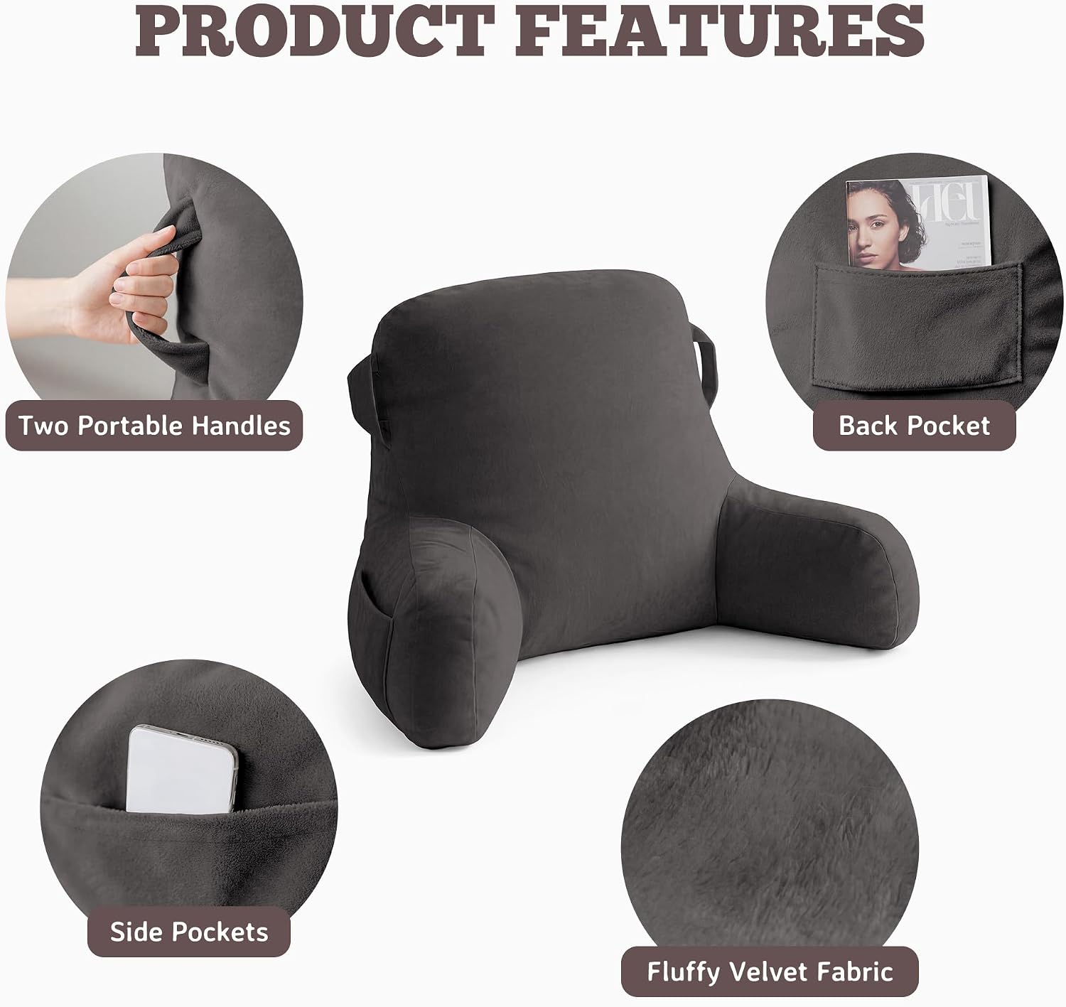 Unisakey Portable Comfy Reading Pillows for Bed Sitting Up(Light Grey Oeko-Tex), Velvet Back Pillow with Arms & Pockets for Adults…