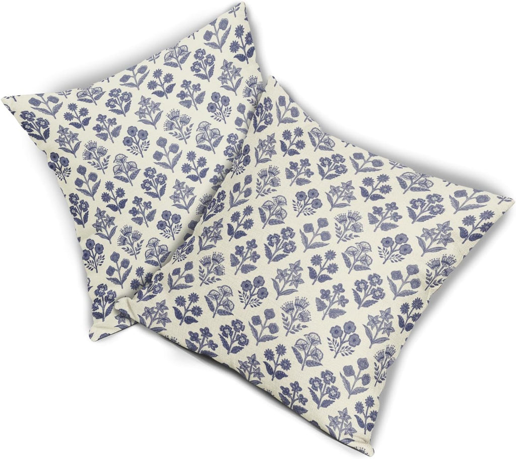 Navy Blue Floral Pillow Covers 16x16 Inch Set of 2, Vintage Flower Block Print Pattern Decorative Throw Pillowcases Outdoor Farmhouse…