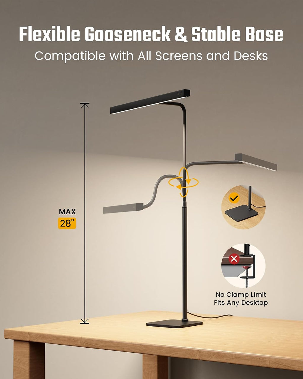 SUPERDANNY LED Desk Lamp for Home Office, Eye-Caring Desk Light with Base, 12W Touch Control 3 Colors Dimmable Brightness, Gooseneck…