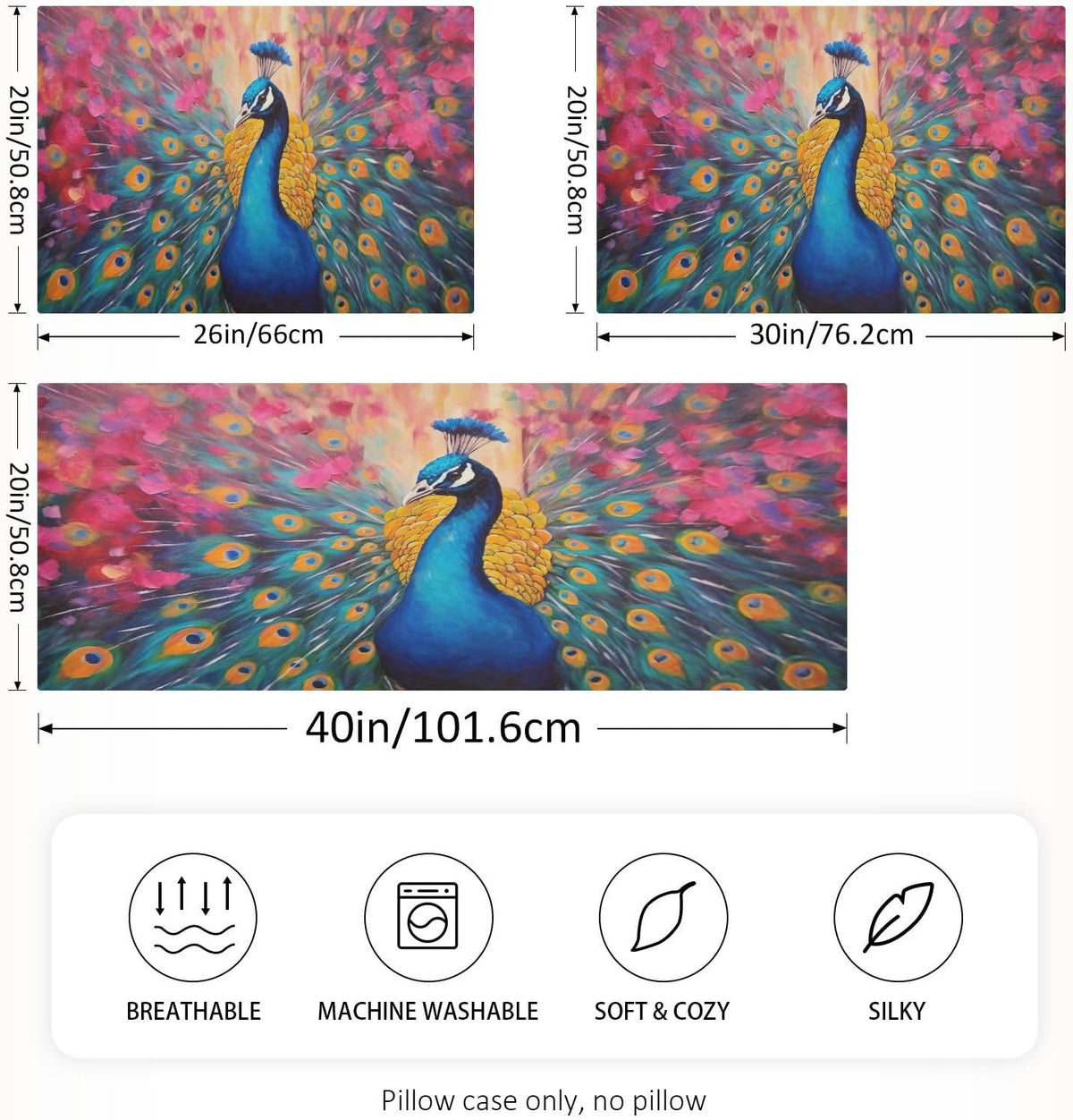 YETTASBIN Peacock Satin Pillowcase, Soft Breathable Silk Pillow Case with Envelope Closure for Hair and Skin, King Size 40 x 20 Inch
