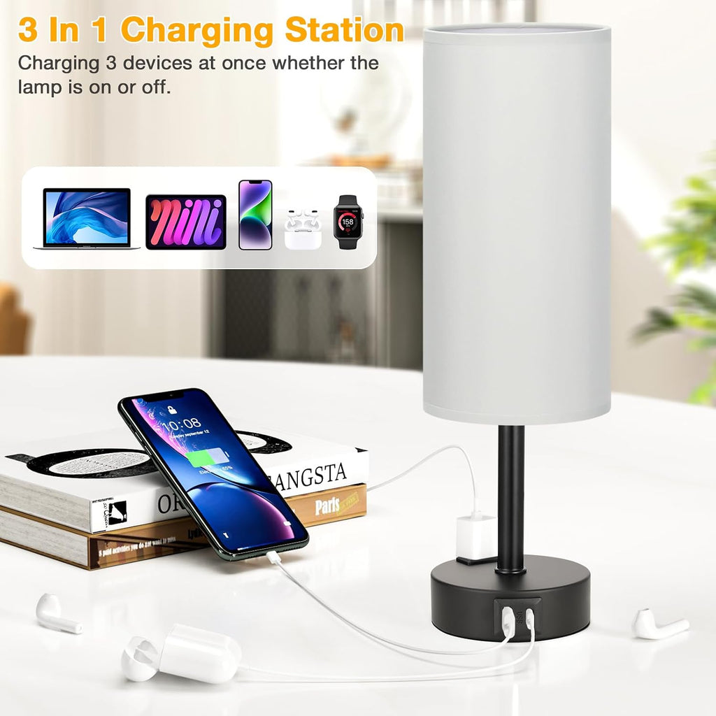 PartageiZ Grey Touch Table Lamps Set of 2-3 Way Dimmable Bedroom Lamps for Bedside with USB C and A Ports, Small Nightstand Lamps with AC…