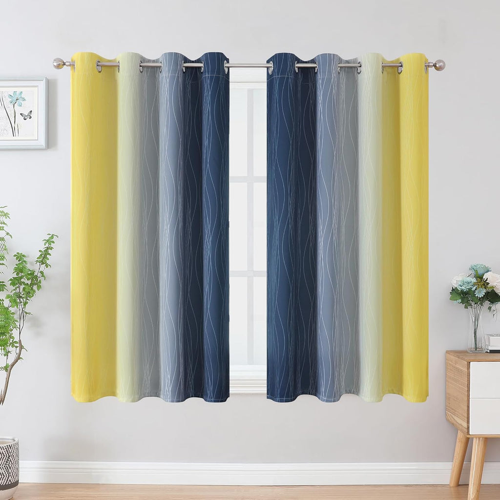 Estelartextiler Estelar Textiler Navy Blue and Yellow Blackout Curtains 54 Inch Length, Full Light Blocking Gradient Grommet Drapes for Liv…
