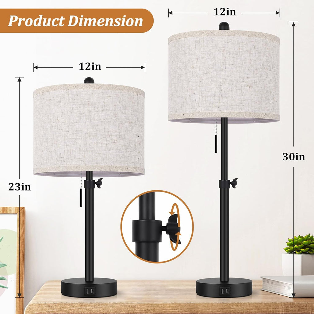 Adjustable Table Lamps for Bedroom Set of 2, 23''-30'' Height Adjusted Bedside Lamps with 2 USB Ports, Black Nightstand Lamps with Cream…