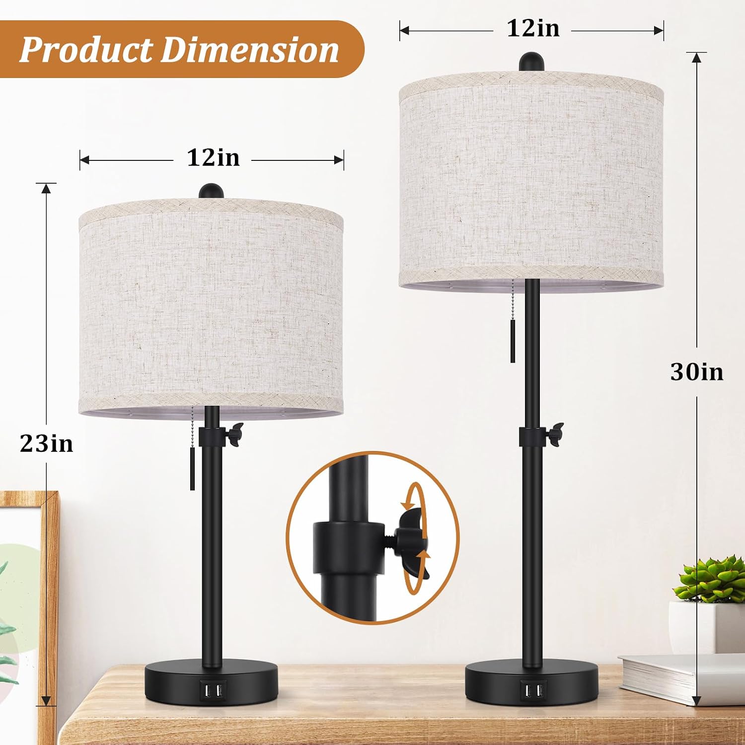 Adjustable Table Lamps for Bedroom Set of 2, 23''-30'' Height Adjusted Bedside Lamps with 2 USB Ports, Black Nightstand Lamps with Cream…