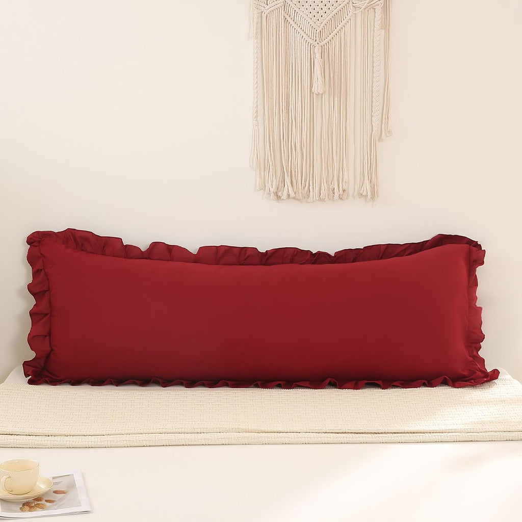Merryword Burgundy Body Pillow Cover 20x54inches Long Pillowcase Ruffled Pillowcases Shabby Chic Ruffled Fringe Decor Body Ruffled Pillow S…