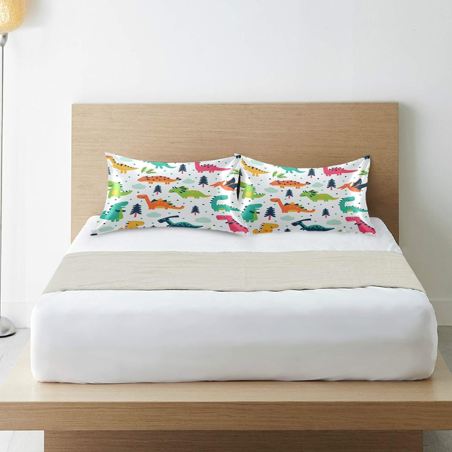 Blueangle Funny Cartoon Dinosaur Satin Pillowcase for Hair and Skin Silk Pillowcase, Queen Size(20x30 inches) - Satin Pillow Covers with…