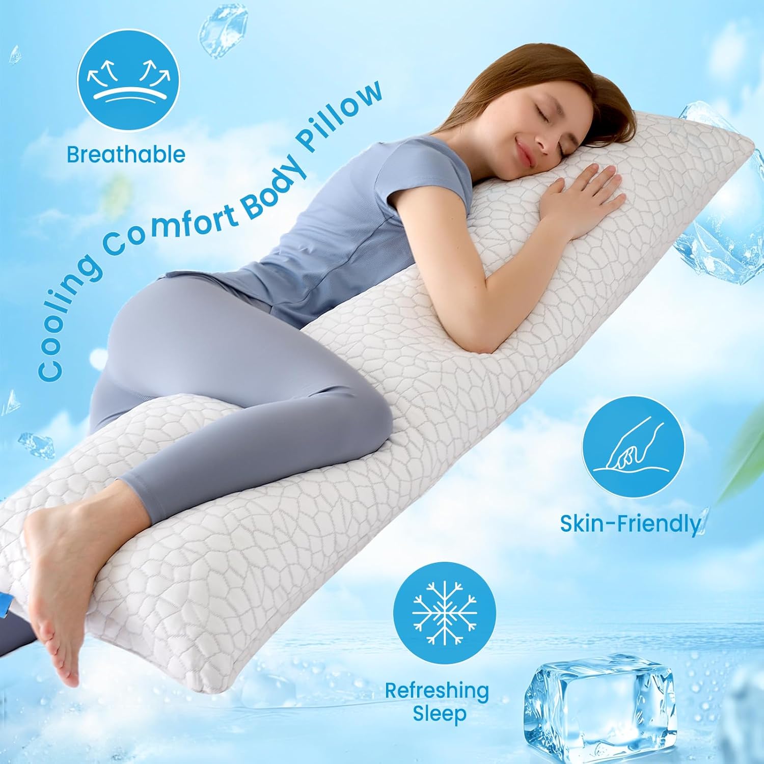 Qutool Cooling Pillow for Sleeping, CertiPUR-US Shredded Memory Foam Full Body Pillow Set of 1, Long Pillow for Bed with Removable Double-S…