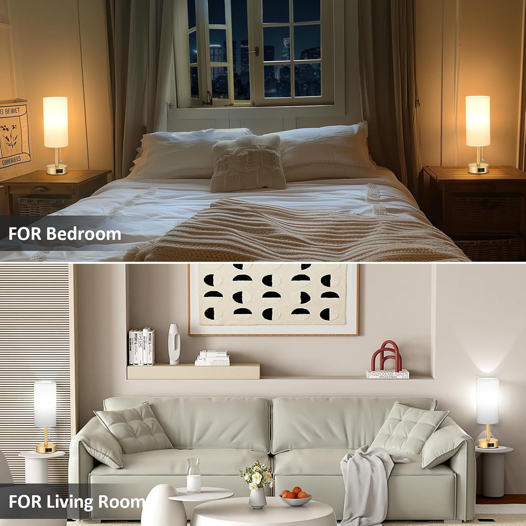 Fenmzee Gold Bedside Table Lamps Set of 2-3 Color Temperatures Pull Chain Lamp with AC Outlet Charging Port, Two Round Night Stand Lamps…