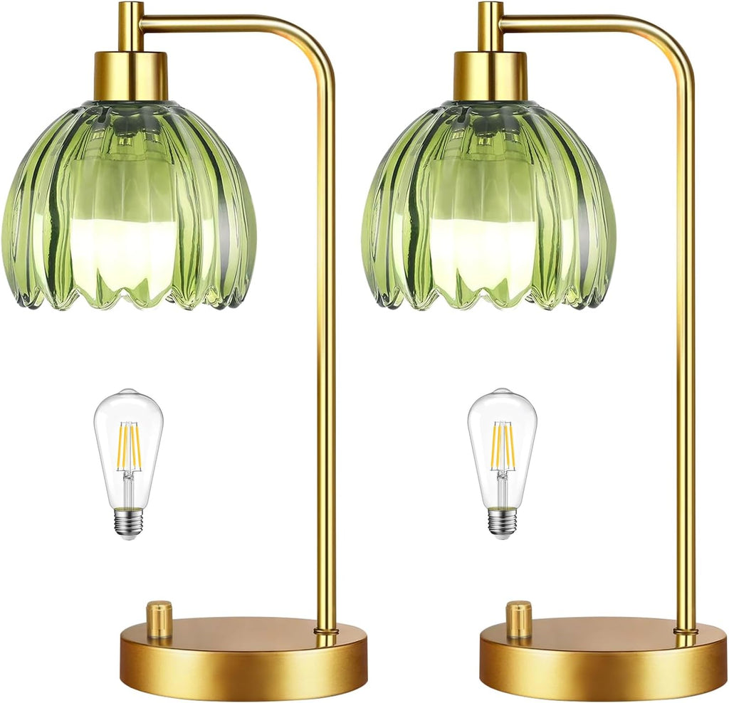 ILLMTW Green Table Lamp Set of 2, Small Glass Bedside Lamps Dimmable Boho Bedroom Lamp with Tulip Flower Lamp Shade, Gold Vintage Mid…