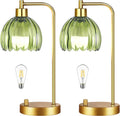 ILLMTW Green Table Lamp Set of 2, Small Glass Bedside Lamps Dimmable Boho Bedroom Lamp with Tulip Flower Lamp Shade, Gold Vintage Mid…