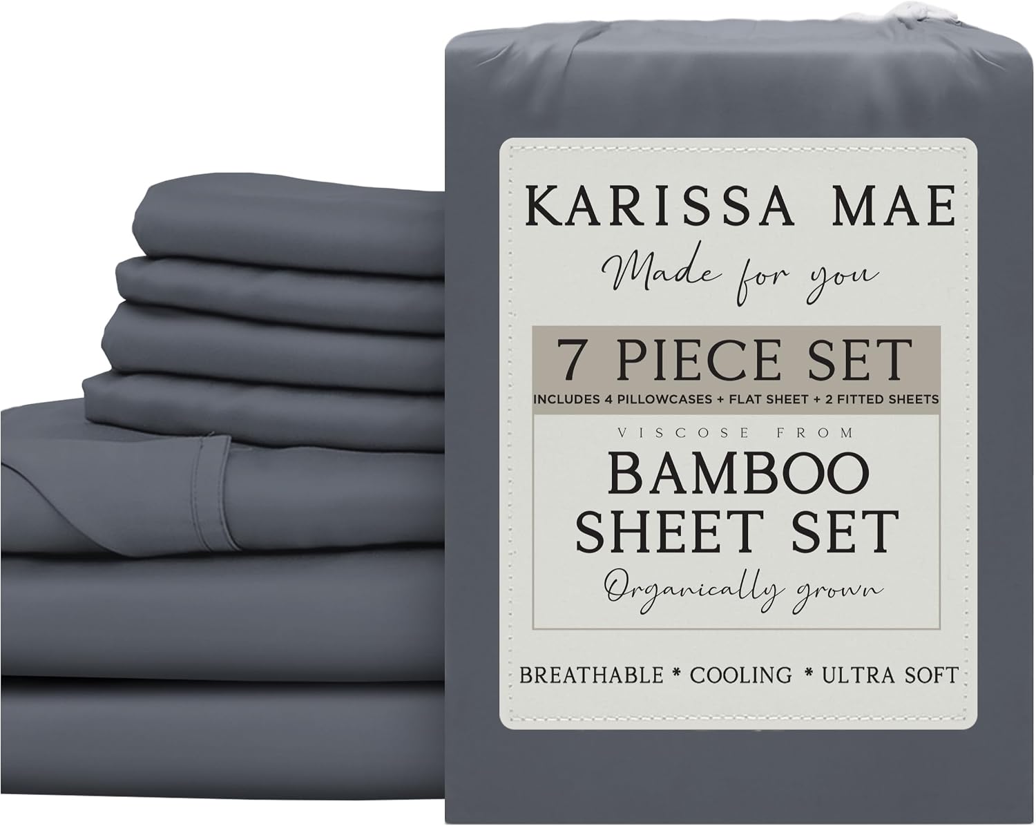 KARISSA MAE 7 Piece Pure Viscose from Bamboo Split King Size Sheet Set | 100% FSC Certified | Luxuriously Soft | Cooling | 18" Deep…