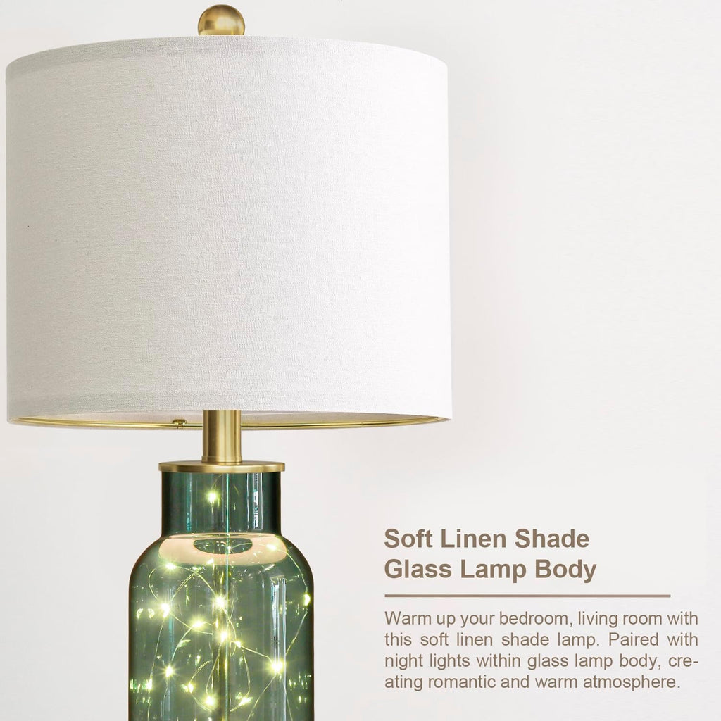 Oneach 22" Glass Table Lamps Set of 2, Green Modern Bedside Lamp with LED Night Light for Living Room, Nightstand Lamp with USB Ports for B…