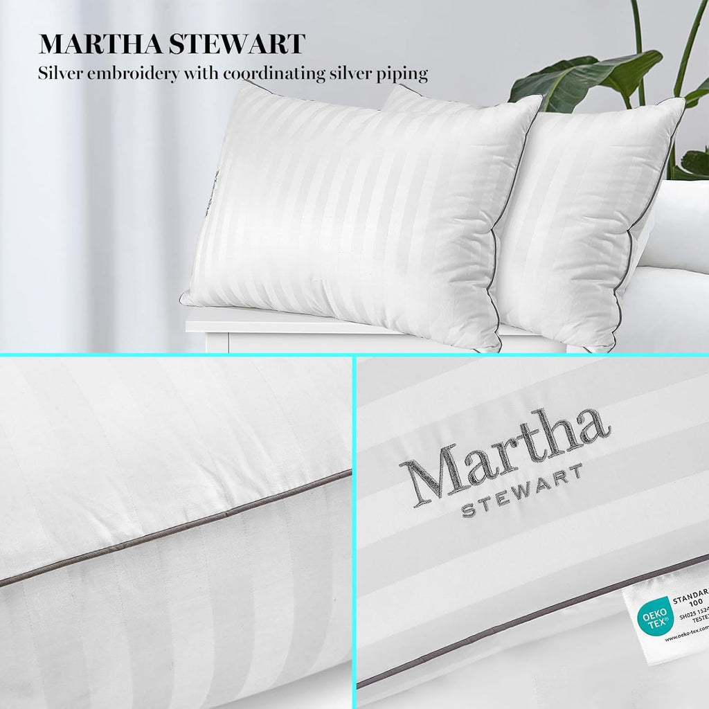 Martha Stewart Hotel Collection Pillow 500 Thread Count Damask Stripe Embroidered Feathers Soft Hypoallergenic 100% Cotton King Size Set…